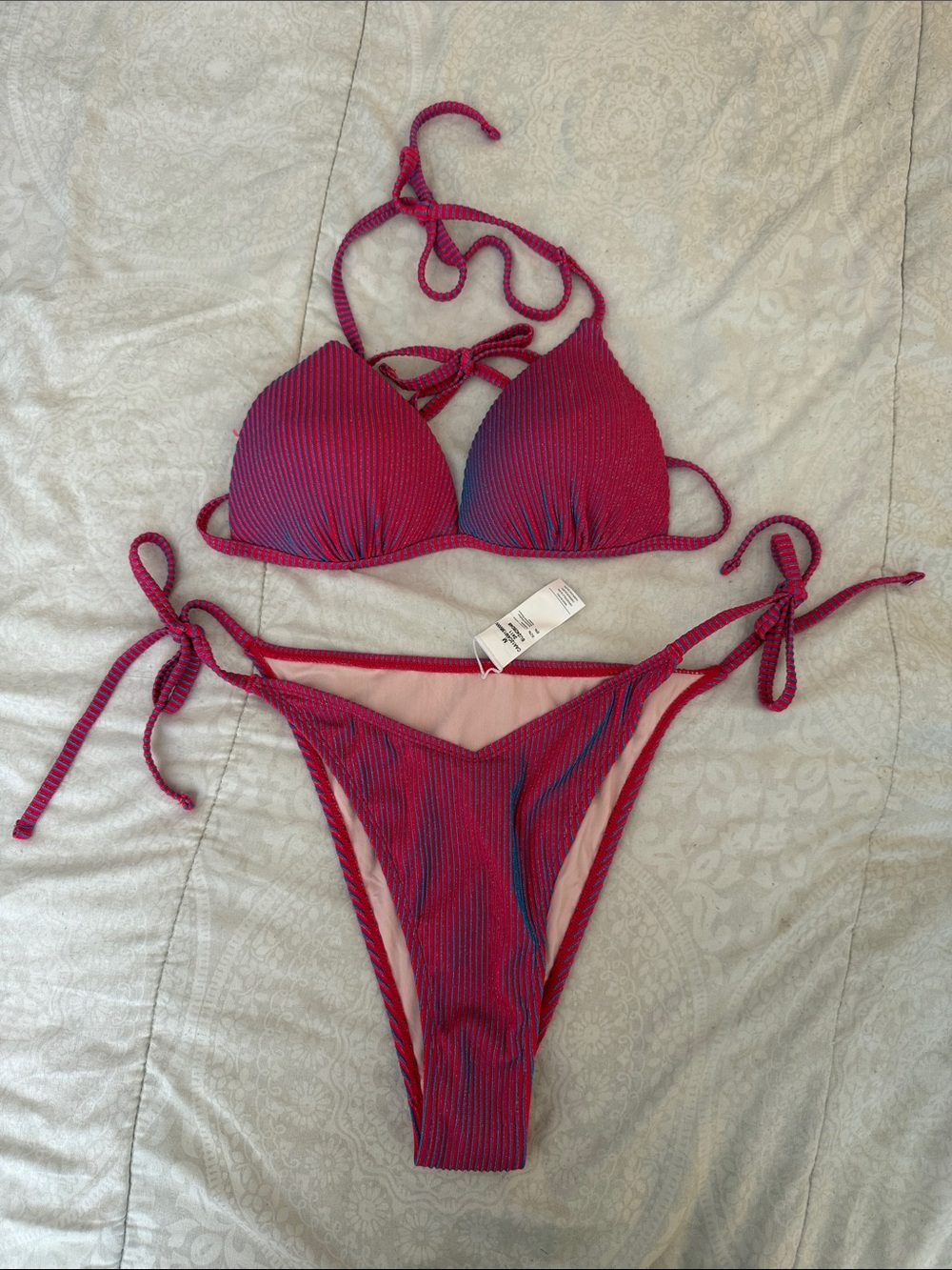 Women's Pink and Blue Ribbed Tie Bikini Set - Halter Top & Side-Tie Bottoms
